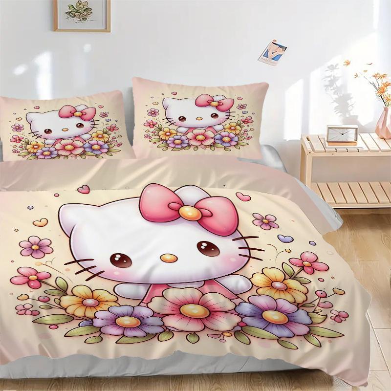 

3pcs Hello Kitty in a Garden of Flowers Printed Quilt Set - Soft and Comfortable Quilt Cover for Bedroom, Guest Room and Dormitory Decorativ 135x200cm