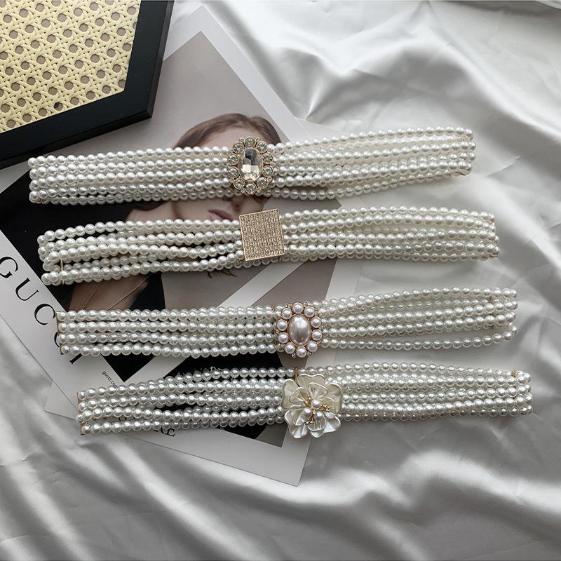 Elegant Elastic Waist Belt For Dresses Featuring Decorative Pearl And Rhinestone Accents