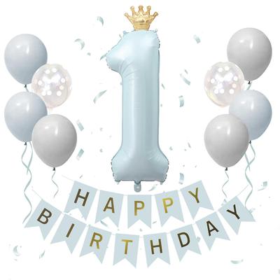 Iysoll Azul Bebé Decoración de Cumpleaños para 1 Año Set Globo Número Grande 40 Pulgadas Color Apagado Globo Número Primer Año Corona