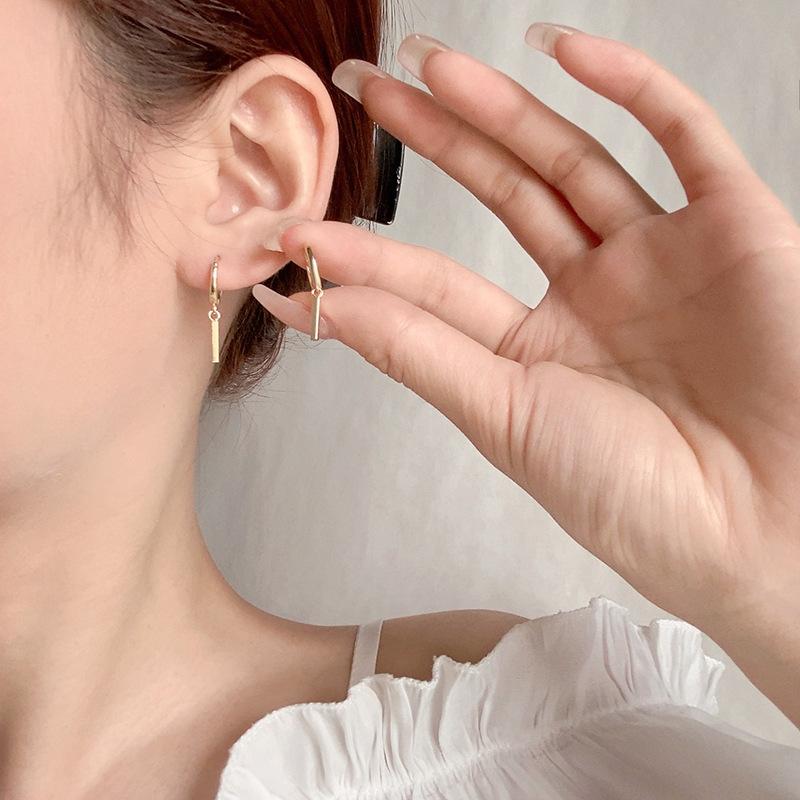 S925 Silver Geometric Bar Hoop Earrings For Women Minimalist Straight Drop Earrings Chic Niche Design Jewelry