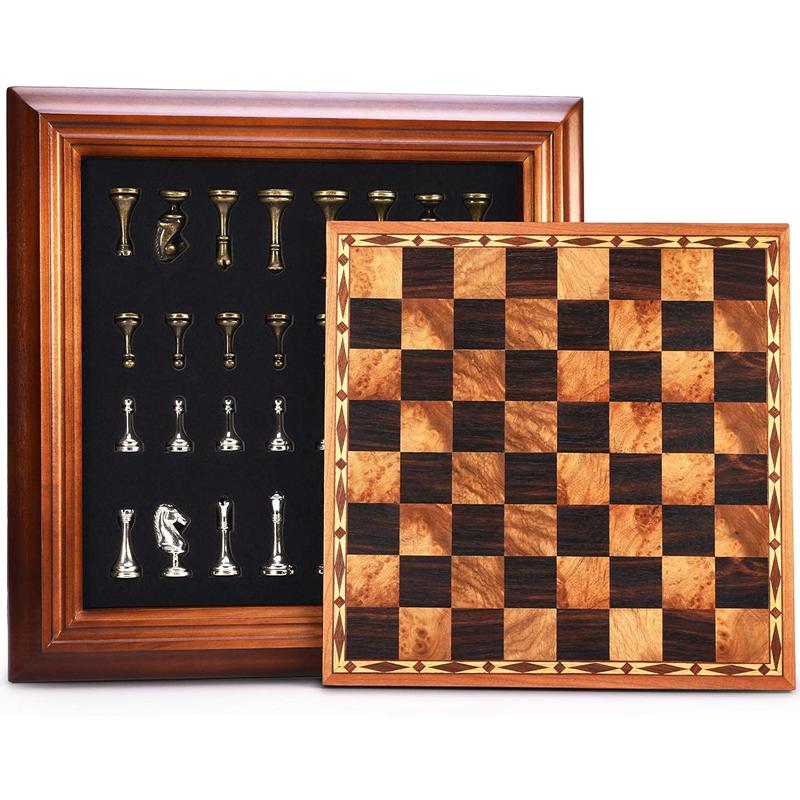 High End Desktop 36Cm/14 Inch Wooden Chess Set, Detachable Metal Chess Pieces King Height 6.3Cm Chess Storage/Gift Packaging