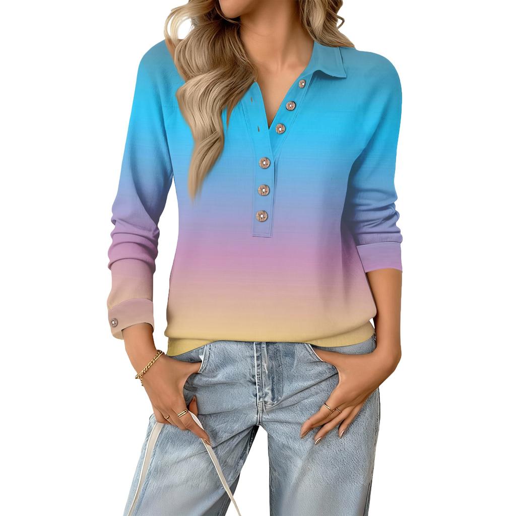 Women's Retro Street Lazy V,neck Long Sleeve Button Gradient Pullover Top