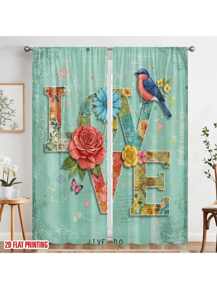 

Plane Printing Curtains Window Treatment Love Bird Floral Art Polyester Easy Install Without Rod Home Decor Perfect Curtain Made Of W100*H70(CM)-Rod Pocket&1PCS