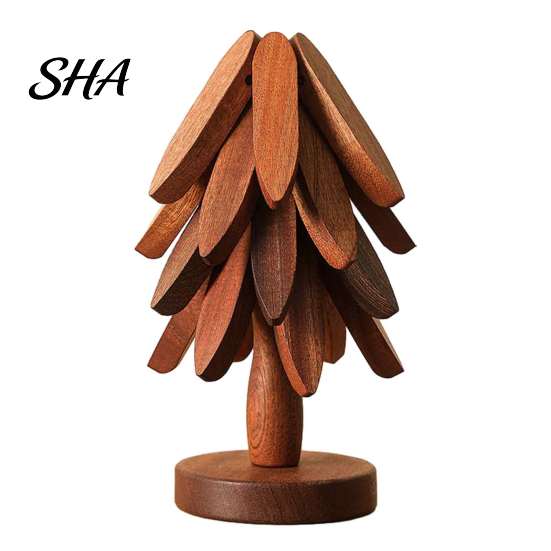 Natural Pine Wood Hot Pad Collapsible Wooden Trivets for Dishes, Christmas Tree Shaped Pot Mat Table, Heat Compact Storage Trivet Set Resistant Holder