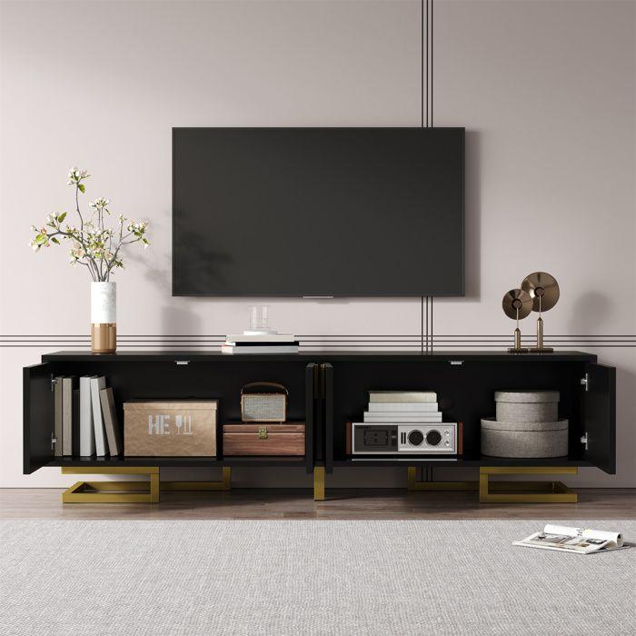Meuble TV - MODERNLUXE - 160x38x44.5 cm - 4 portes - Pieds dorés - Noir