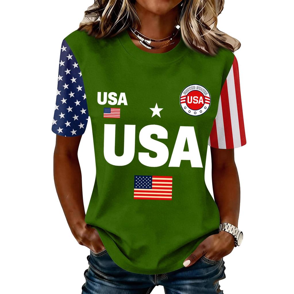 Blusa Feminina da Moda Casual de Manga Curta com Estampa e Gola Redonda