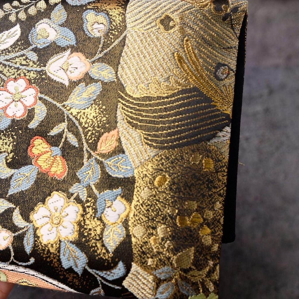 Used Goshuincho case, Goshuincho pouch, Obi remake, Fukusa type, Kimono remake, Japanese pattern, Japanese style, Black, Flower crest, One-of-a-kind,