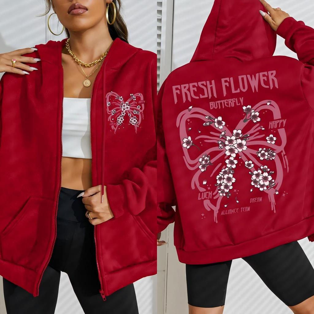 Frische Blume Schmetterlinge Prints Damen Reißverschluss Hoodie Hip Hop Fleece Lässiger Lockerer Kapuzenpullover Herbst Bequeme Streetwear