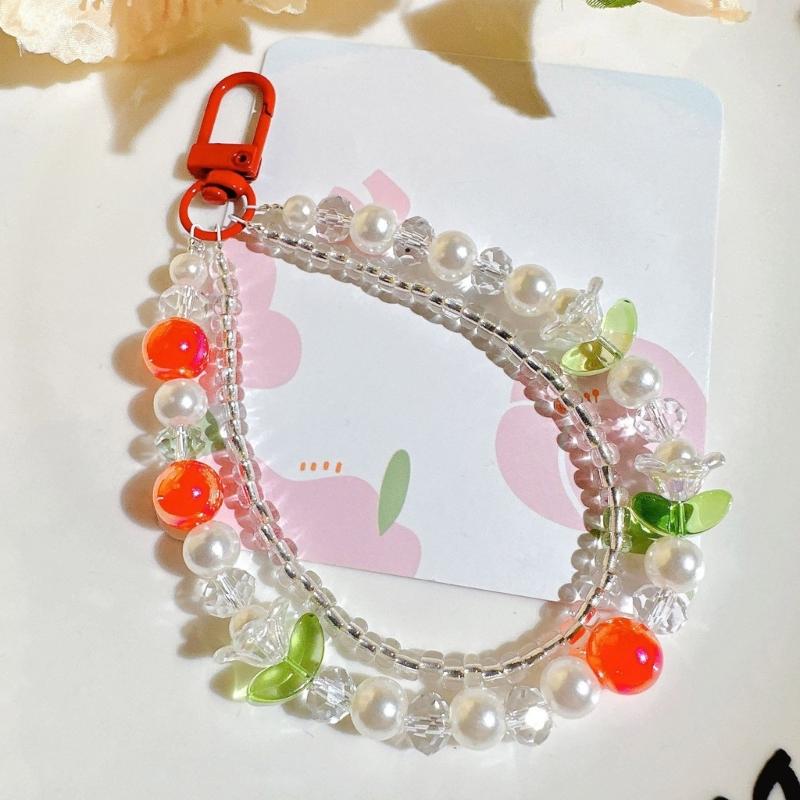 Double Layer Flower Beaded Pendant Phone Charm Hanging Rope Cute Phone Chain Strap Bag Decoration Keychain Accessories