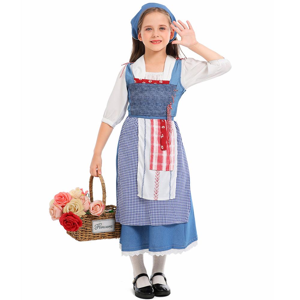 Kids Girls Children's Day Poor Maid Dress Apron Cosplay Costume Stage Performance Pastoral Farm Frence Maid Medieval Lolita Dress Up Halloween Outfit