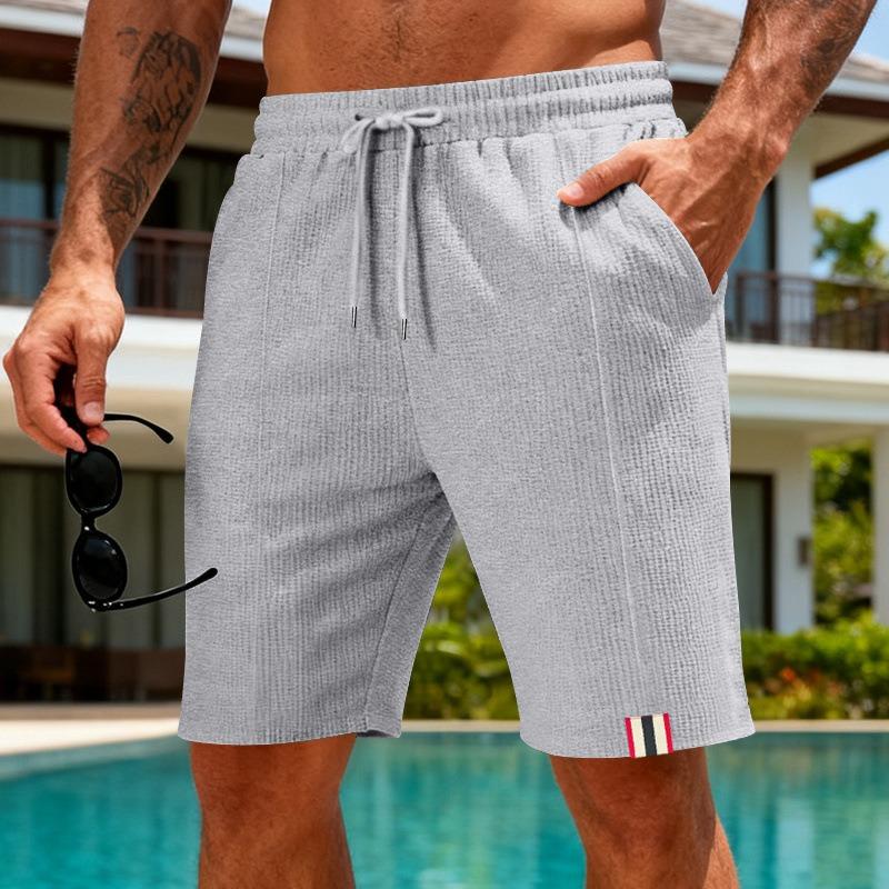 Men's Summer White Textured Striped Patch Drawstring Shorts