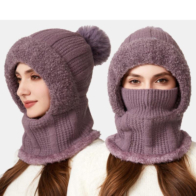 One-Piece Knitted Hat Women's Autumn Winter Thick Hat Scarf Mask One-Piece Wool Hat Cycling Windproof Warm Hat