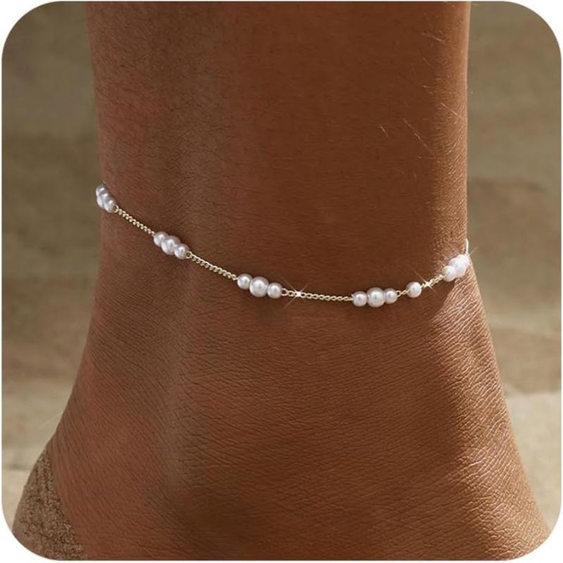 Gold/Silver Ankle Bracelets for Women,14K Gold Plated Tiny Pearl Beads Ayered Anklet Summer Foot Jewelry