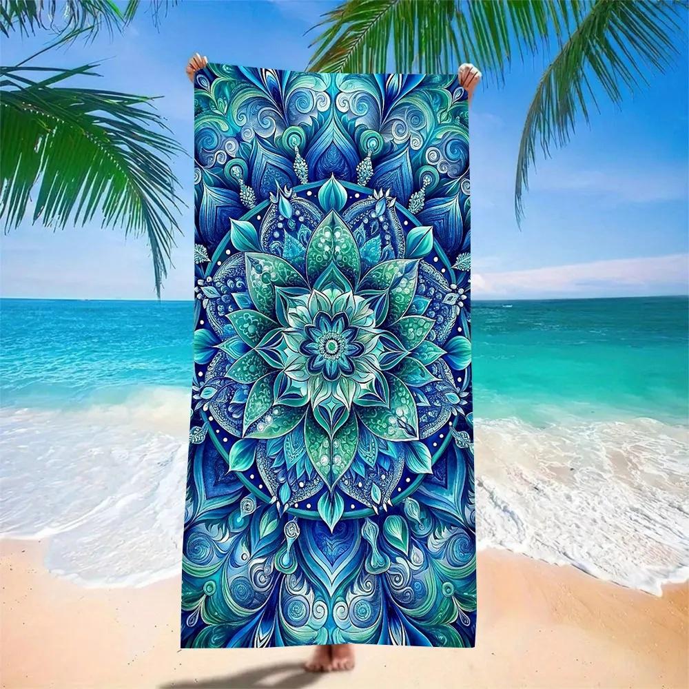 Boho Hamsa Hand & Böser Blick Strandtuch Saugfähig Schnelltrocknend Mikrofaser Blau Floral Meeresmuster Decke für Picknick & Outdoor
