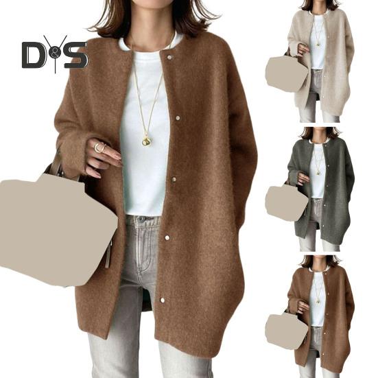 Women Coat Round Neck Long Sleeve Solid Color Knitting Outwear Solid Color Loose Fit Mid-length Coat