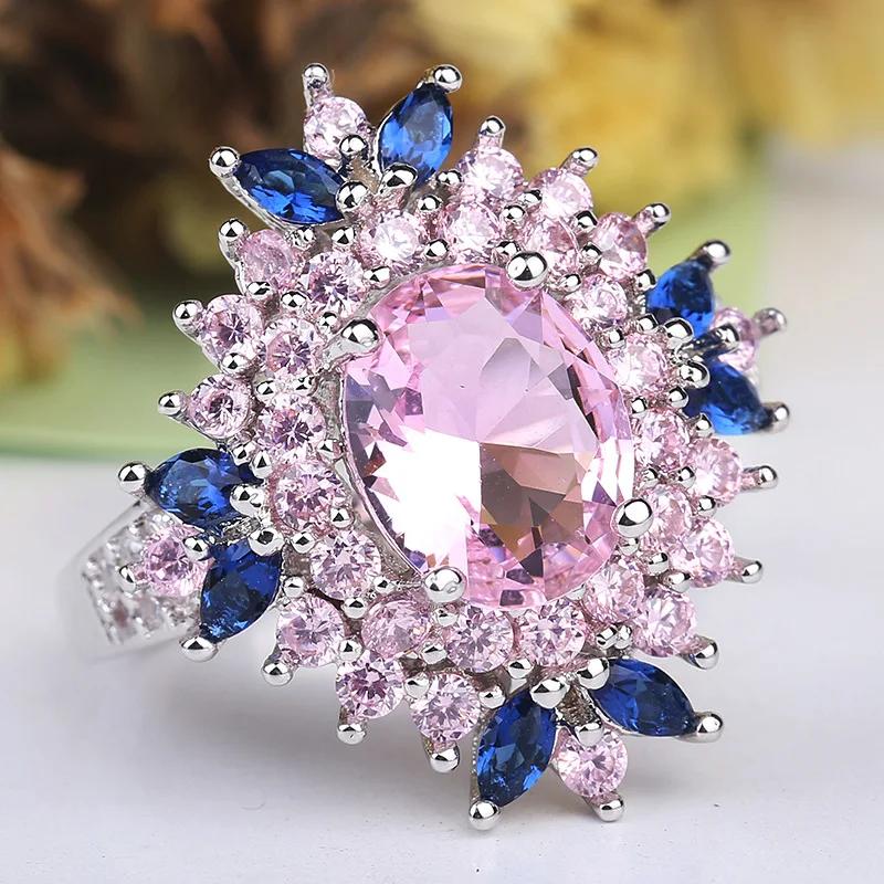 Fasion Real Solid  Sterling Silver Ring Women Gift AAA Multi Color Zircon  Blue Pave Flower Wedding Silver Ring Gift