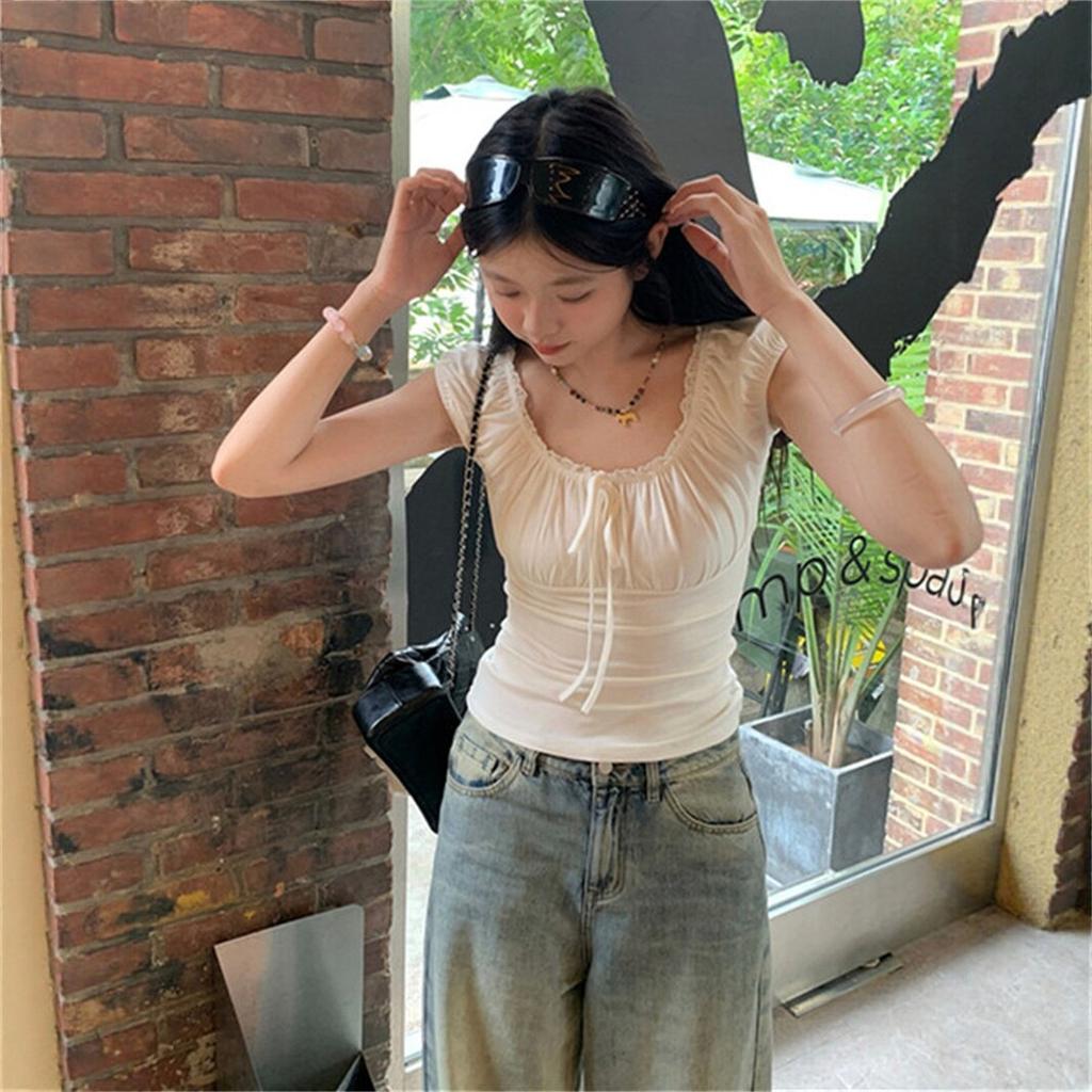 [Keren Cotton Modal] Korean Pure Lace Lace-up Short-sleeved T-shirt Women's Summer Slim-fitting and Thin Top