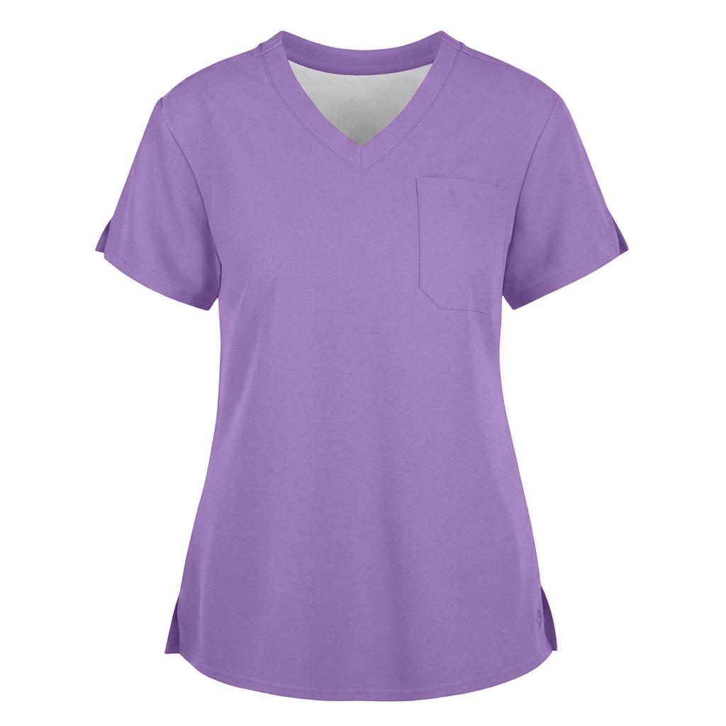 Women's Fashionable Loose-Fit Short-Sleeve V-Neck Workwear Blouse With Slit And Pockets
