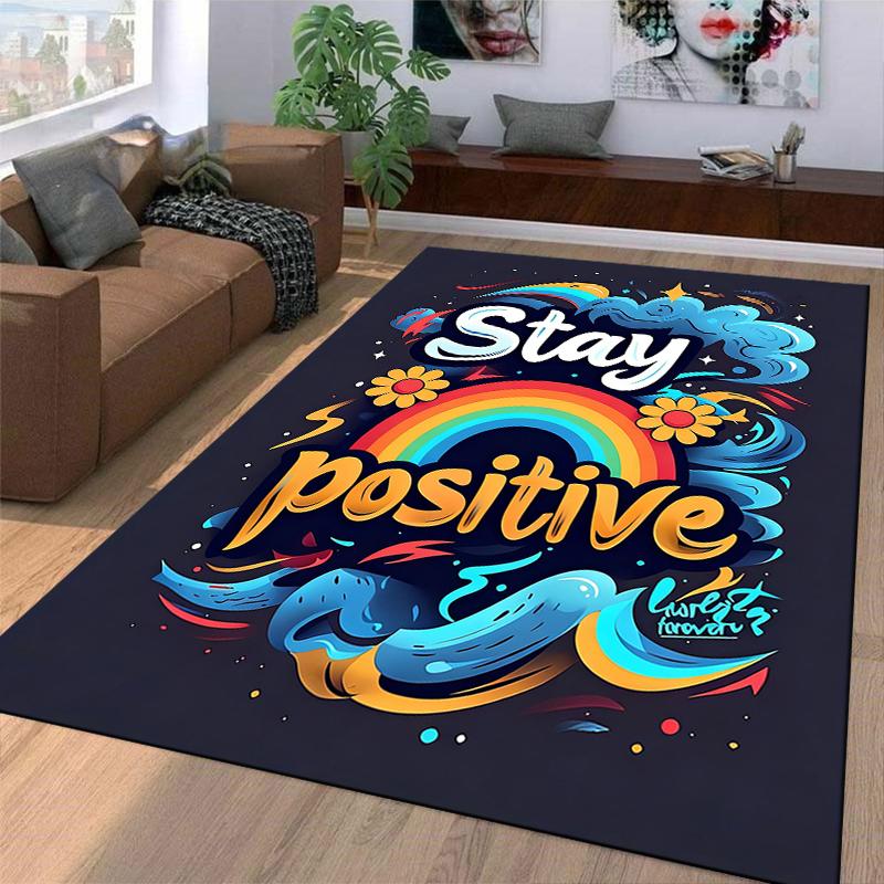 Colorful "Stay Positive" Carpet with Rainbow, Flowers, and Blue Waves Suitable for Use As an Anti-slip for Living Room Bedroom Sofas