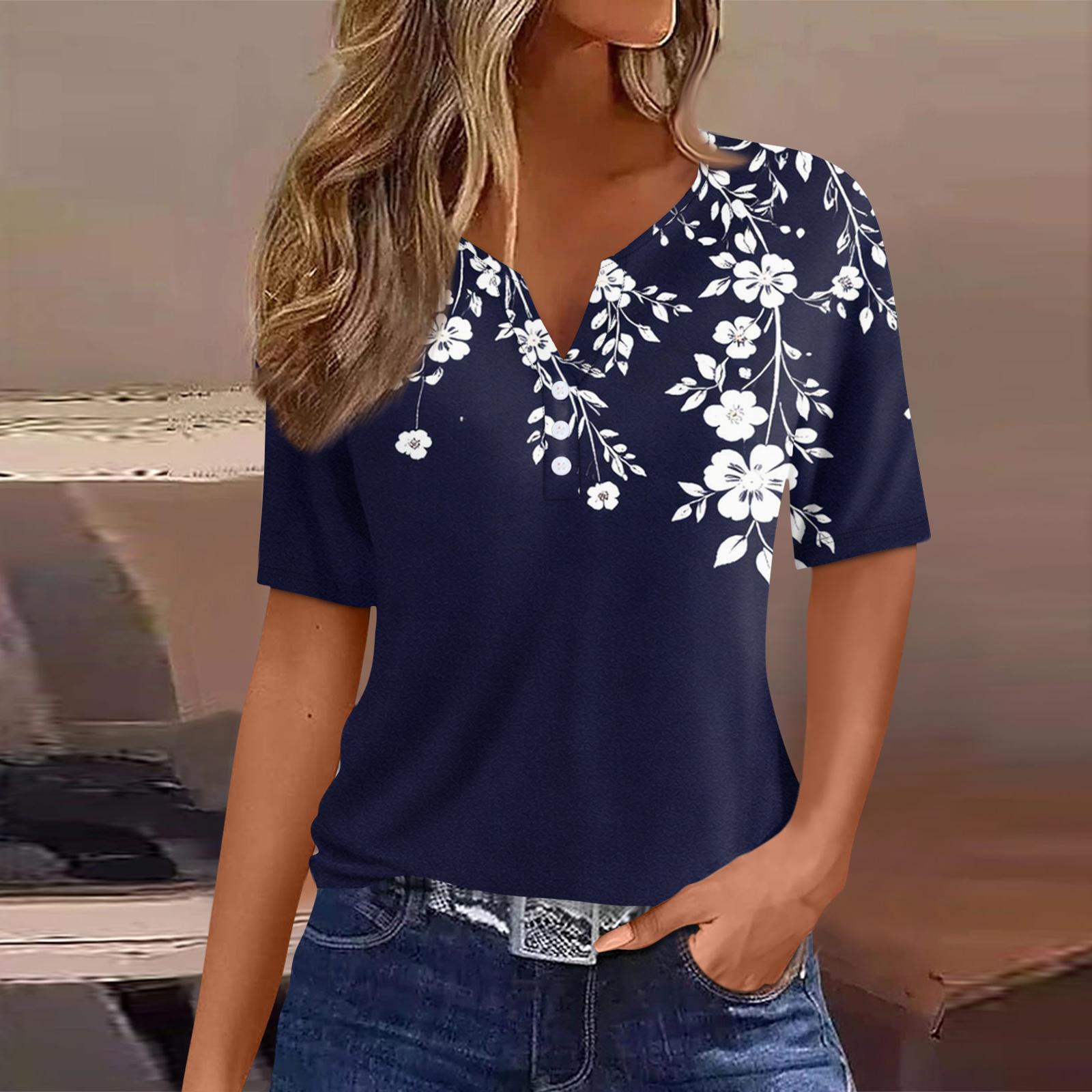 

Женская футболка с принтом на пуговицах, короткий рукав, туника, повседневная мода на выходные, базовый топ с V-образным вырезом XXL