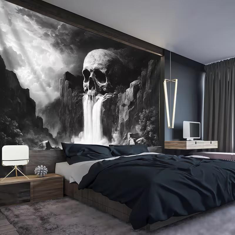 2D Black and White Skull Wall Tapestry Waterfall Background Cloth for Party & Home Decor