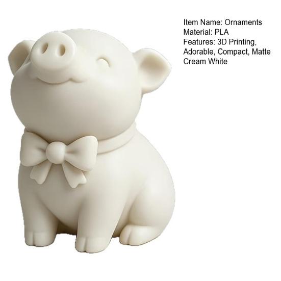 huaqianguhh 3D Printed Cute Bow Tie Pig Figurine, Matte Cream White, Minimalist Animal Decor Statue, Compact Ornament for Desk Bookcase Car Interior,