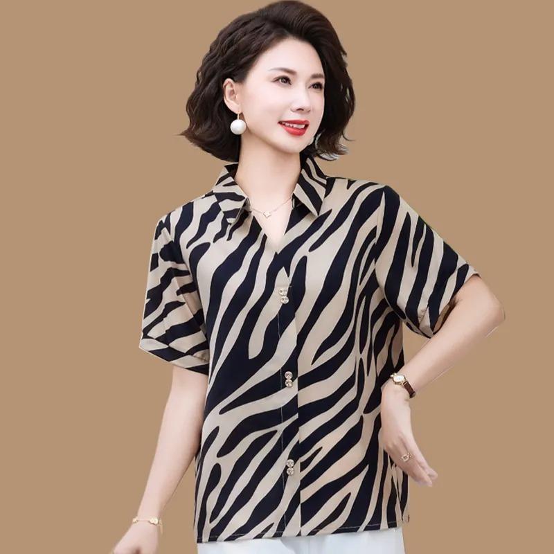 Fashionable Short-sleeved Shirt Chiffon Top New Style Women s Summer Striped Shirt XL