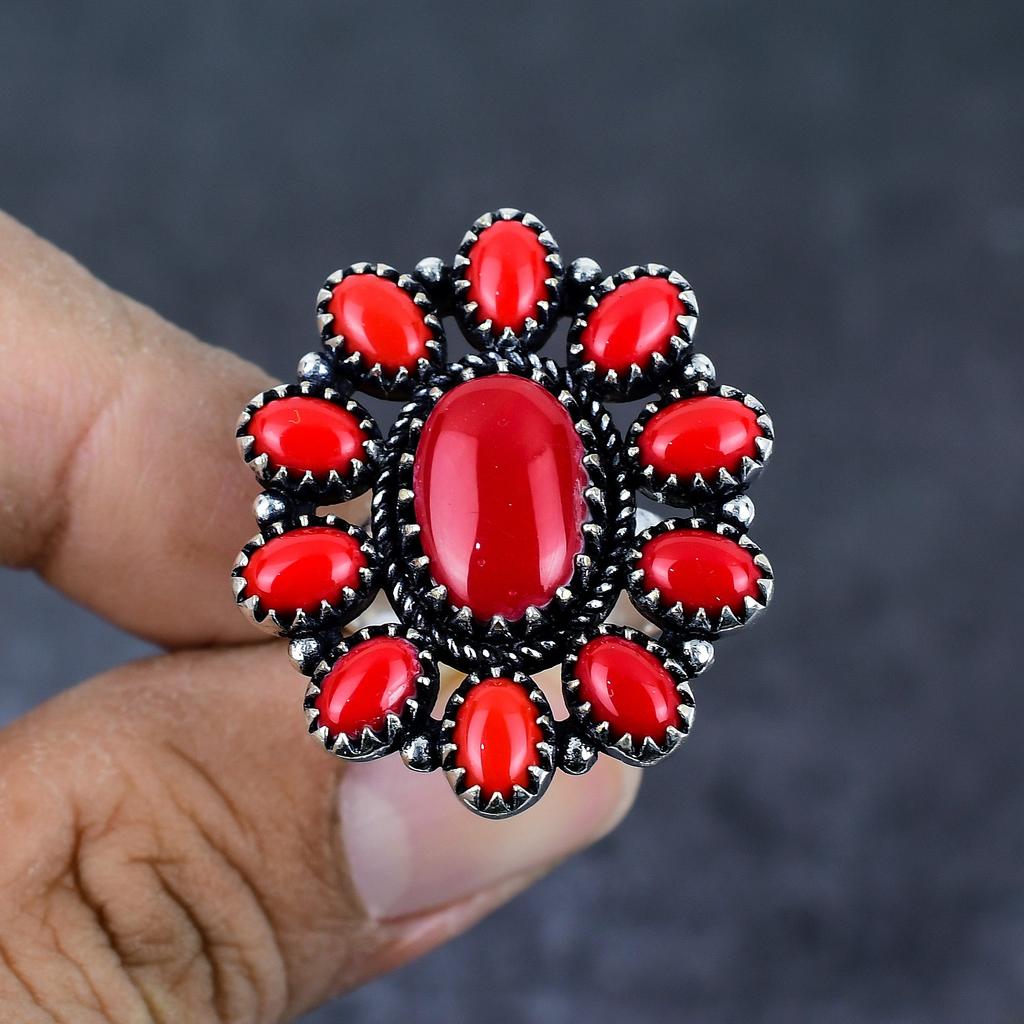 Red Coral Gemstone 925 Sterling Silver Jewelry Ring Size 8.5