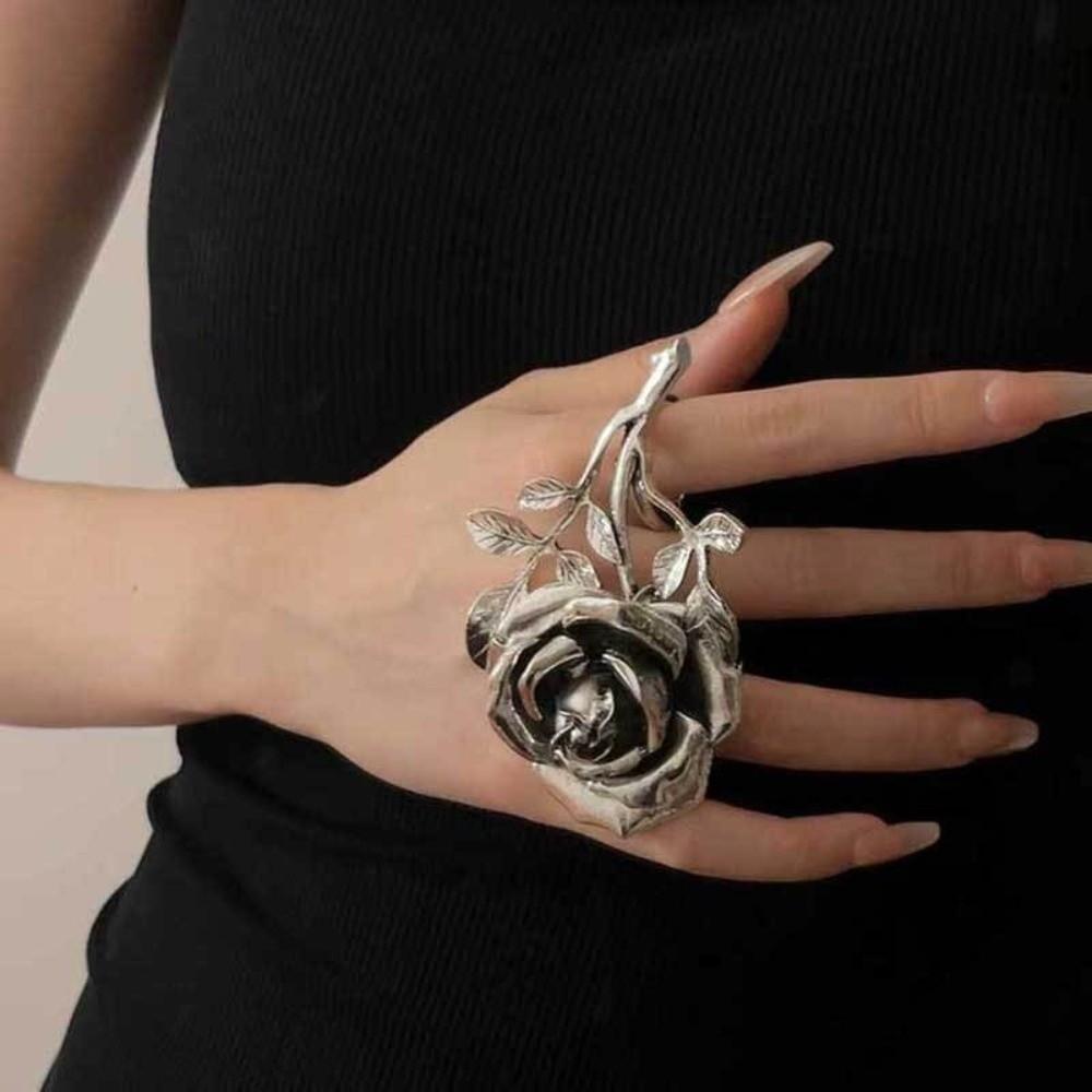 Vintage Rose Ring 3D Oversized Ring Elegant Double-Finger Ring  for Women