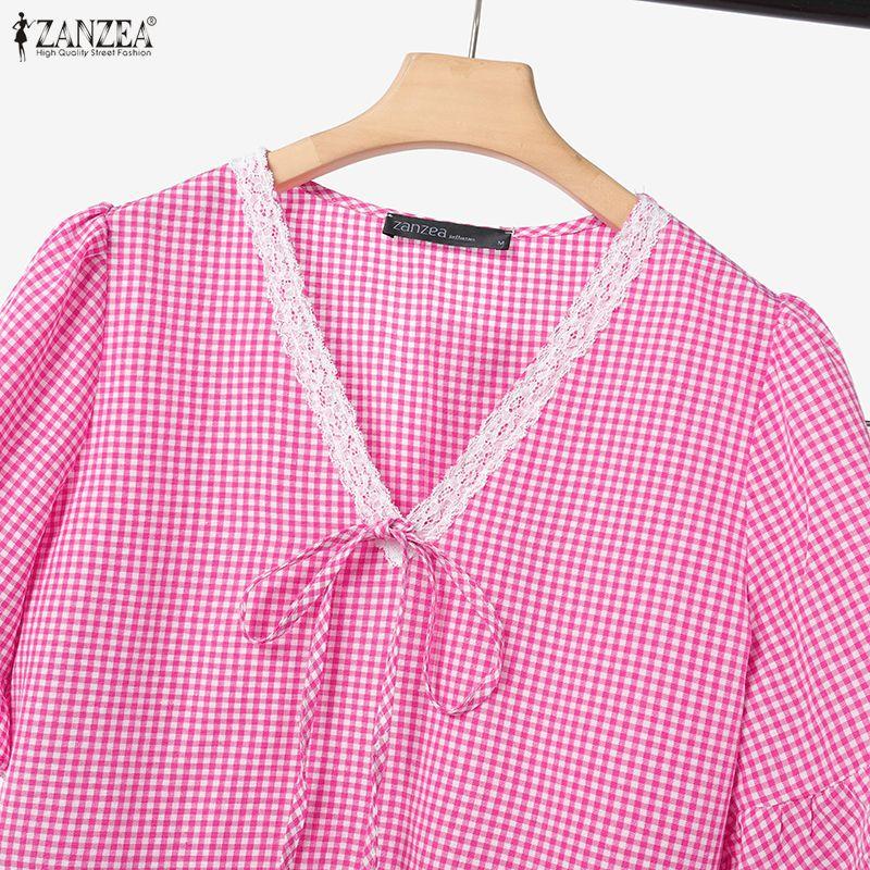 ZANZEA Women Short Sleeve Blouse and Long Skirts Plaid Print Summer Two Piece Sets