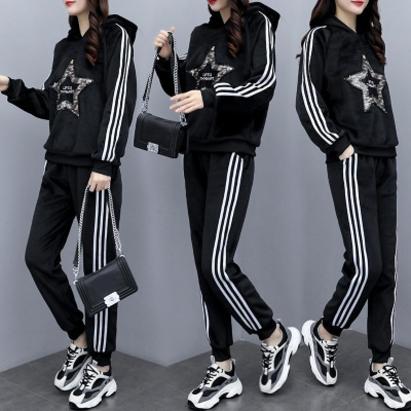 Gold Velvet Set - Women's Autumn/Winter Large Size - Slimming and Concealing Fat - Casual Hooded Trendy Two-Piece Set