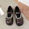 Long Walk Comfortable Muffin Bottom Small Leather Shoes Women'S Round Head Mary Jane Buckle Lace Bow Plaid