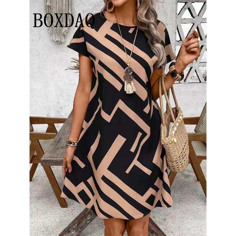 2026 Fashion Summer Dresses Women's Casual Abstract Floral Print Dress Casual Short Sleeve Loose A-Line Dress Y2k Ladies Clothes