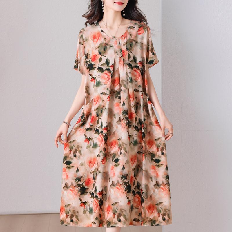 Übergröße, langes Sommerkleid mit Vintage-Druck für Damen, elegantes, kurzärmeliges, lockeres Sommerkleid in Übergröße