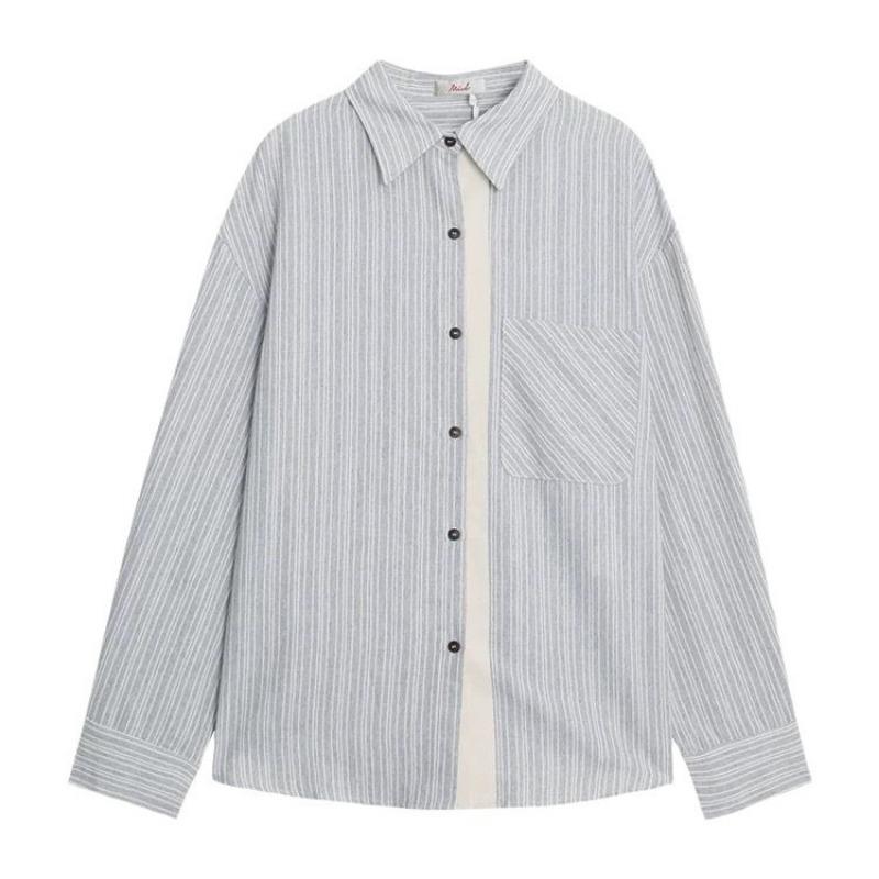 Striped Long-sleeved Shirt Jacket for Women Autumn New Loose Casual Lapel Shirt