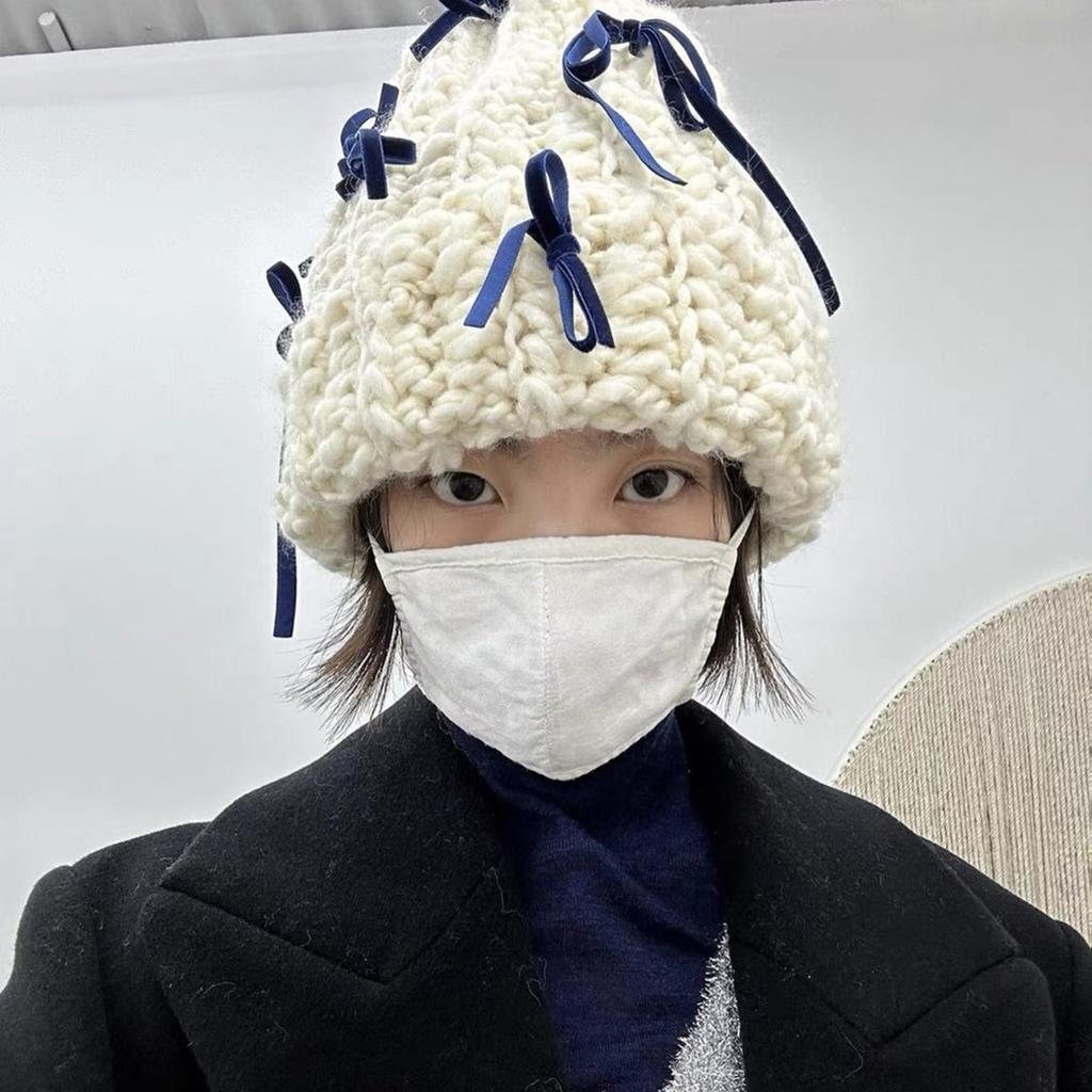 Delicate Velvet Bowknot Beanie Adult Elastic Hat Winter Warmer Knitted Hat Cold Winter Presents for Students Teenagers