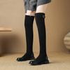 Autumn and winter middle heel square head suede over knee boots comfortable sleeve elastic women's boots Korean version rubber sole solid color leat