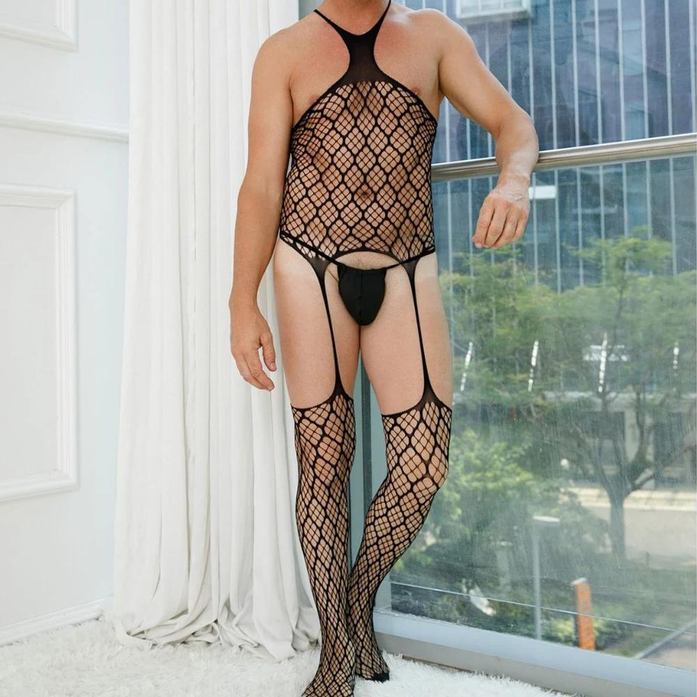 Pánské Bodystocking Body Gay Síťované Duté Spodní prádlo Sissy Sexy Krajka Průhledná Síťovina Průhledné spodní prádlo S podvazkovým pásem