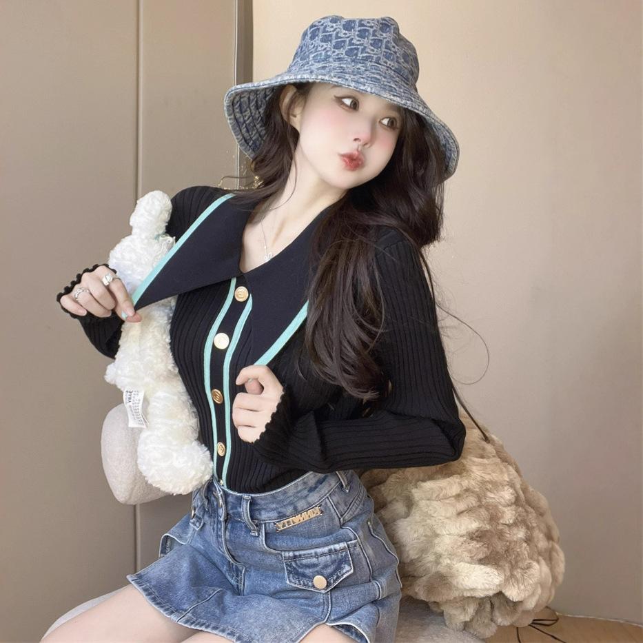 Big lapel small woman slim knitted sweater women s new autumn and winter sweater jacket one size fits all чёрный