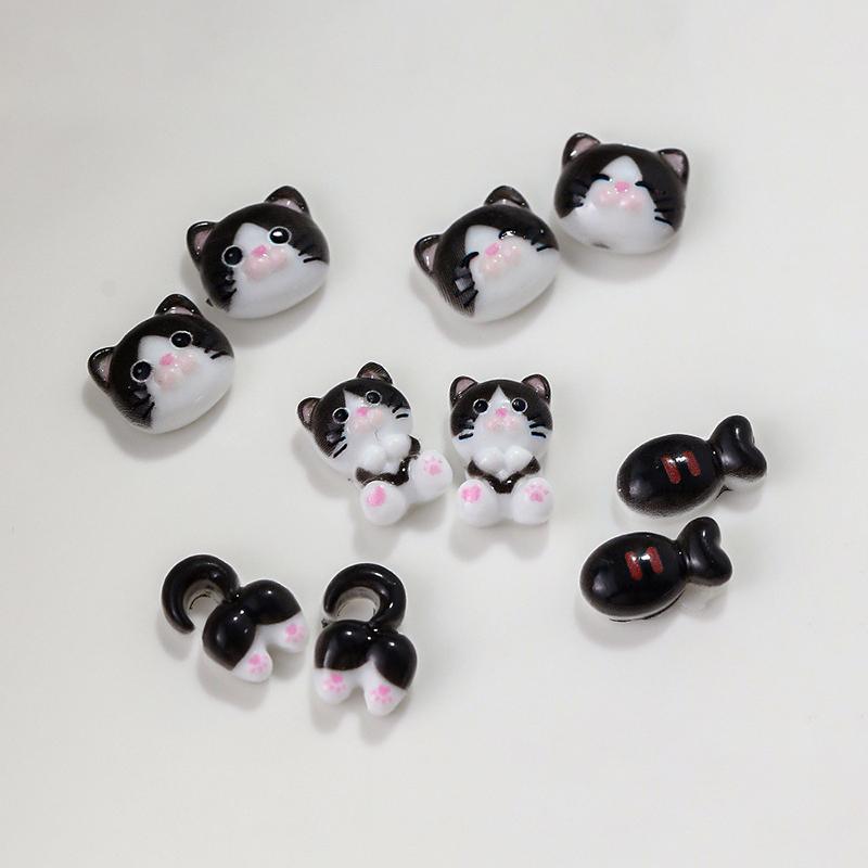 10Pcs Black And White Cat Nail Accessories Cartoon 3D Cute Cat Butt Small Fish Resin Nail Decoration Manicure Jewelry Diy