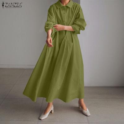 Women Casual Turn Down Collar Loose Long Sleeve Shirt Dress