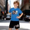 Boys 2 Piece Cute Cartoon Print Outfit, Short Sleeve T-Shirt and Shorts Set for Kids Age 5-14, Black and White Sporty Casual Summer Clothes