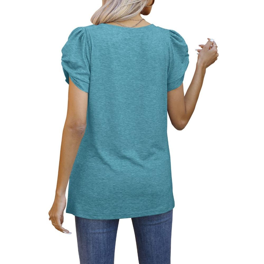 GMXIA Spring Summer Solid Color Knotted V-neck Short-sleeved T-shirt Base for Women