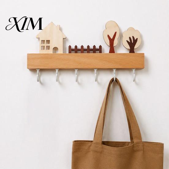 Wall Key Hooks for Entry Wooden Holder, Solid Wood Organizer with 6 Hooks, Modern Rustic Entryway Mounted Hanger Kitchen And Office Badge Holder