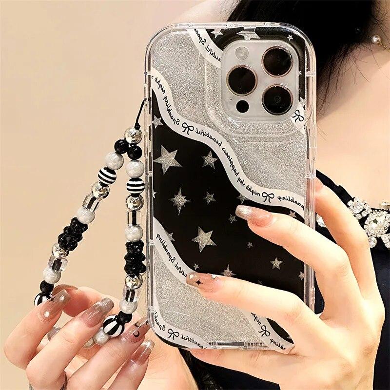 Süße Glitzer Stern Handyhülle für iPhone 14 Pro Hülle iPhone 13 12 11 15 Pro Max XS XR X 7 8 15 Plus SE Lanyard Chain Back Cover