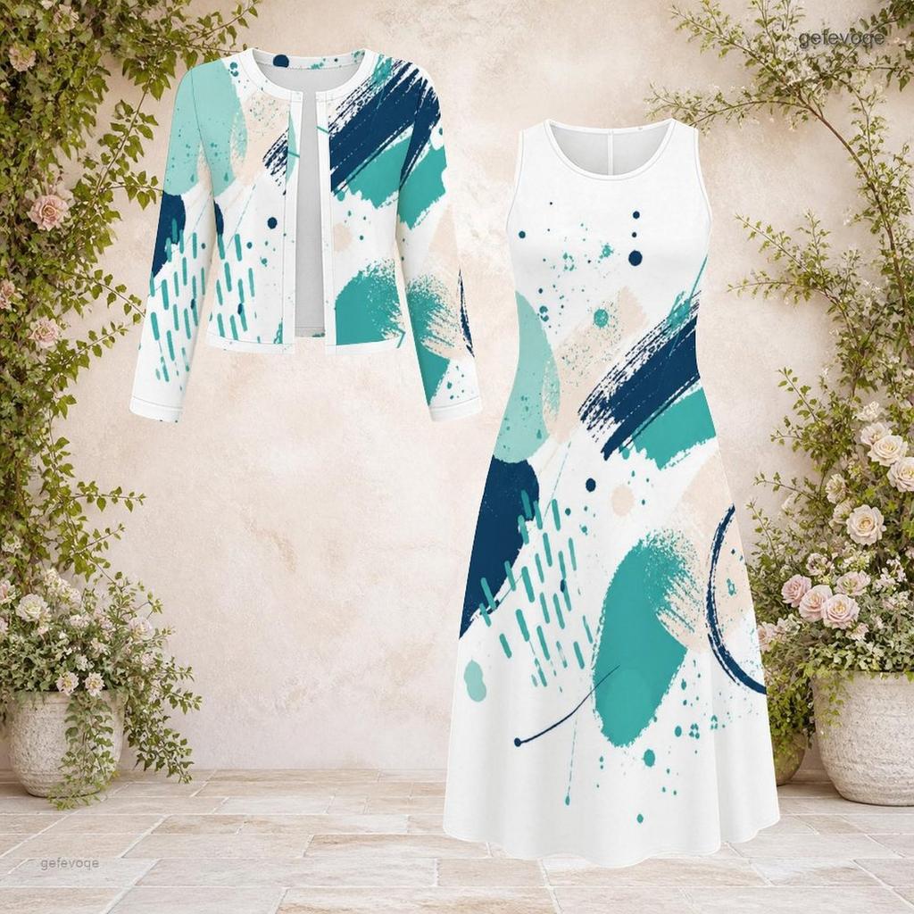 Women Plus Size Printed Round Neck Long Sleeve Cardigan Sleeveless Long Dress Two Piece Set