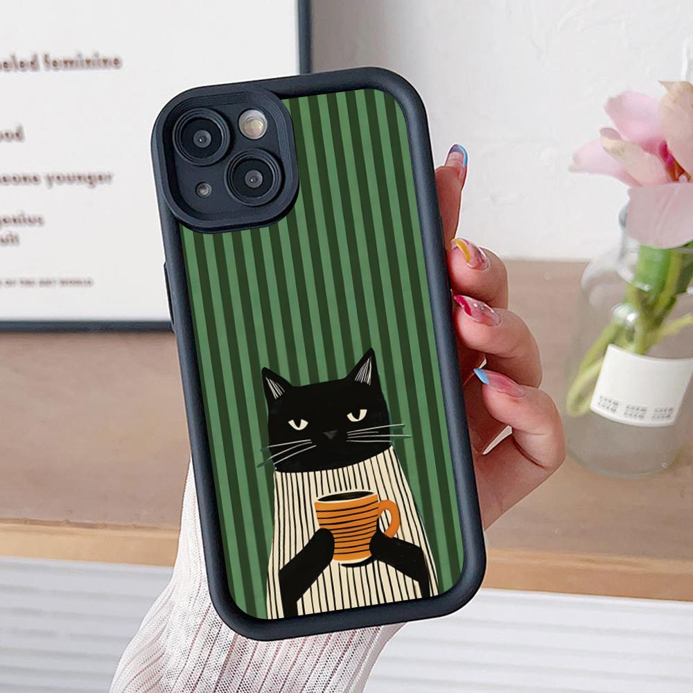 Cute Coffee Cat Thicken TPU Mobile Phone Case for iPhone 17 16 15 14 13 12 11 Air Pro Max Plus Colorful Cover