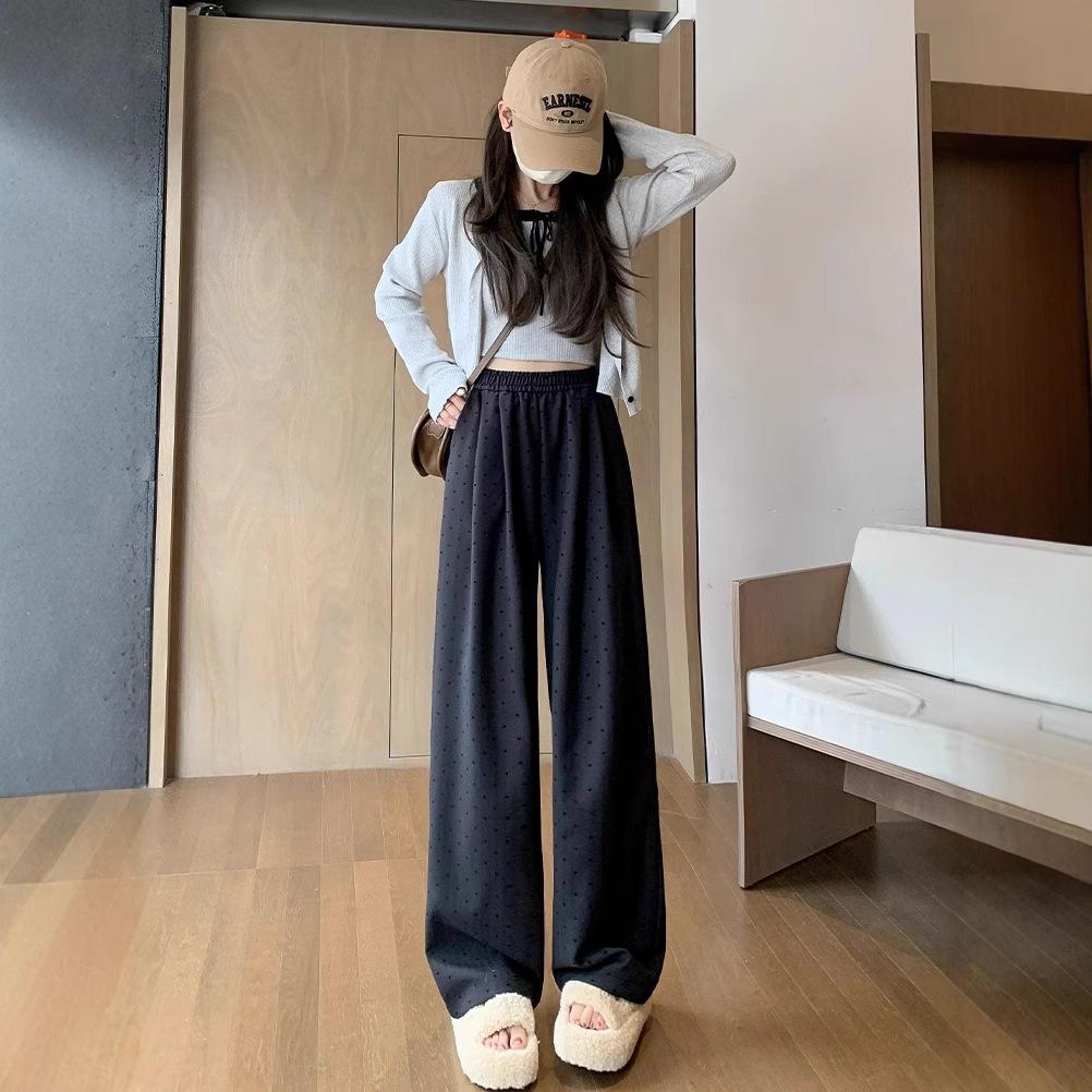 

Women s Petite Flocked Wide-Leg High Waist Pants - Spring/Autumn Casual Style XL (121-130 jin)