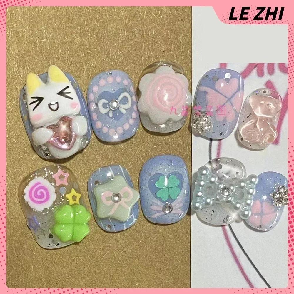 Kawaii Handmade Square Press On Nails Art Party Stickers Cute Flower Panda Bear Animal Custom Acrylic Fake Nails