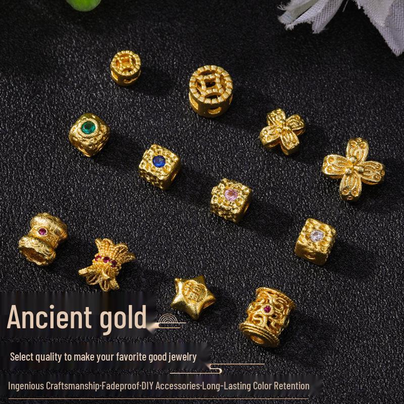 Gold-Plated Rhinestone Four-Leaf Clover Copper Spacer Beads for DIY Bracelets